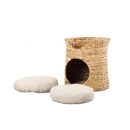 Panier rond CRONOS pour chat en jonc de mer coussins écru