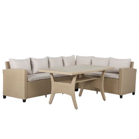 Salon de jardin BELLWOOD en résine tressée 5 places coussins beige
