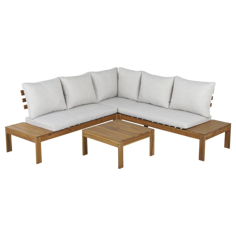 Salon de jardin AUGUSTANAT en bois d’acacia 5 places coussins beige