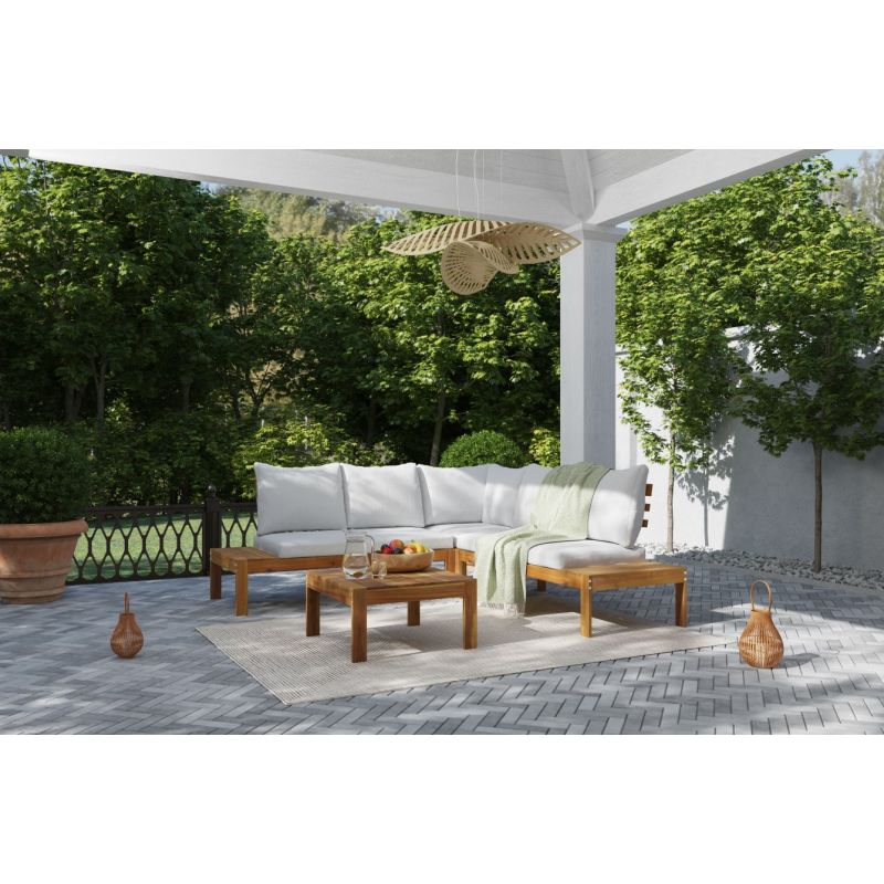 Salon de jardin AUGUSTA en bois d’acacia 5 places coussins beige