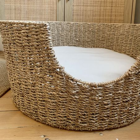 Panier rondATHENA pour chien et chat en jonc de mer coussin écru
