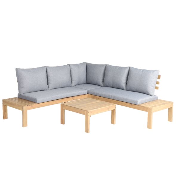 Salon de jardin AUGUSTA 5 places en bois d'acacia blanchi FSC coussins gris chiné