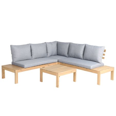 Salon de jardin AUGUSTA 5 places en bois d'acacia blanchi FSC coussins gris chiné