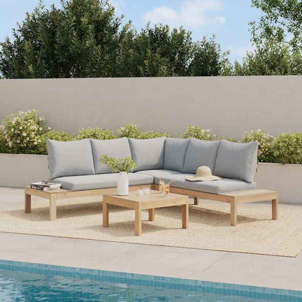 Salon de jardin AUGUSTA 5 places en bois d'acacia blanchi FSC coussins gris chiné