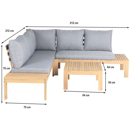Salon de jardin AUGUSTA 5 places en bois d'acacia blanchi FSC coussins gris chiné