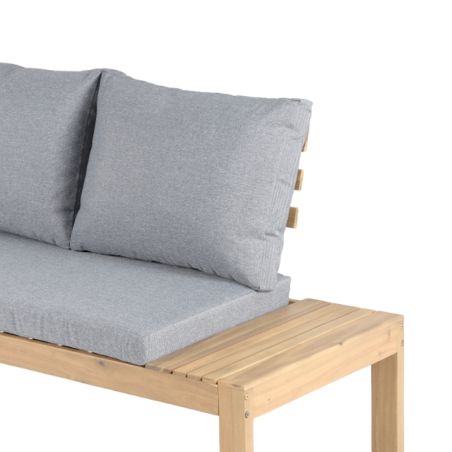 Salon de jardin AUGUSTA 5 places en bois d'acacia blanchi FSC coussins gris chiné