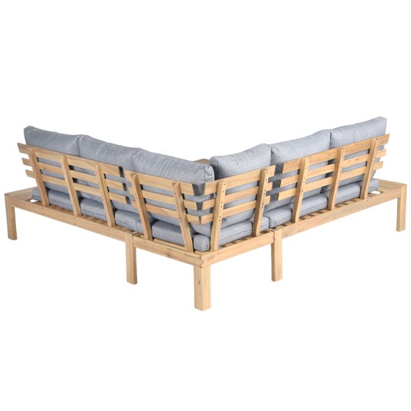 Salon de jardin AUGUSTA 5 places en bois d'acacia blanchi FSC coussins gris chiné