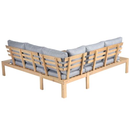 Salon de jardin AUGUSTA 5 places en bois d'acacia blanchi FSC coussins gris chiné