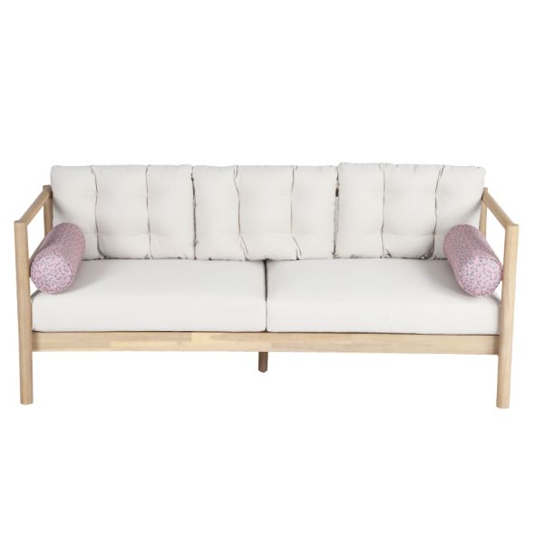 Canapé de jardin SAMOA 3 places en bois d'acacia blanchi avec coussins beige