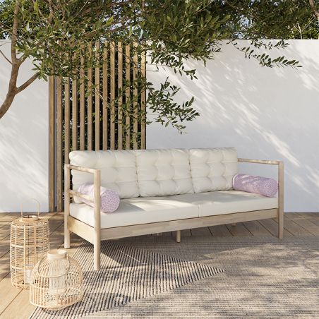 Canapé de jardin SAMOA 3 places en bois d'acacia blanchi avec coussins beige