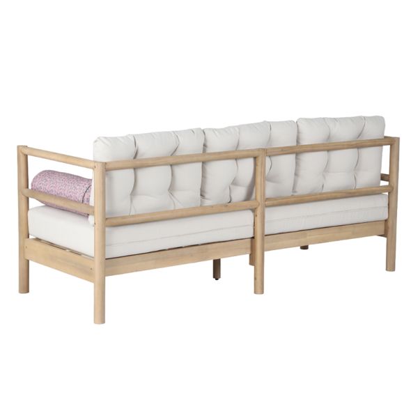 Canapé de jardin SAMOA 3 places en bois d'acacia blanchi avec coussins beige