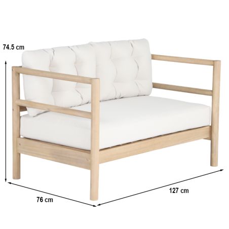 Canapé de jardin SAMOA 2 places en bois d'acacia blanchi et coussins beige