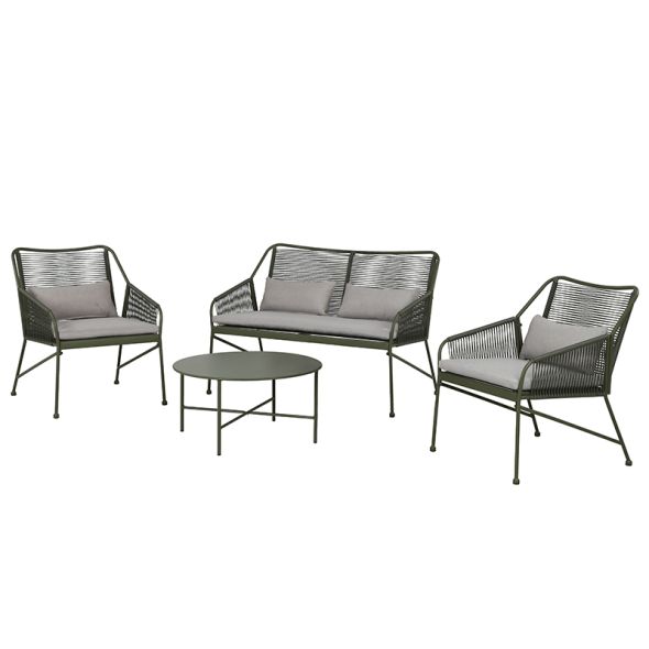 Salon de jardin ANA 4 places en acier KAKI coussins beige sable