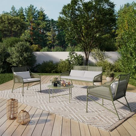 Salon de jardin ANA 4 places en acier KAKI coussins beige sable