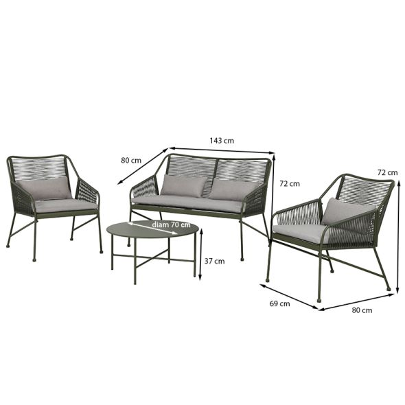 Salon de jardin ANA 4 places en acier KAKI coussins beige sable