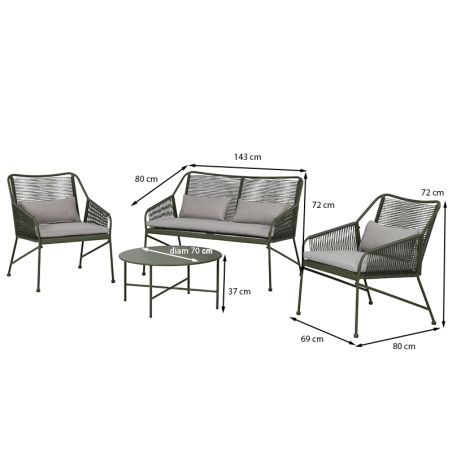 Salon de jardin ANA 4 places en acier KAKI coussins beige sable