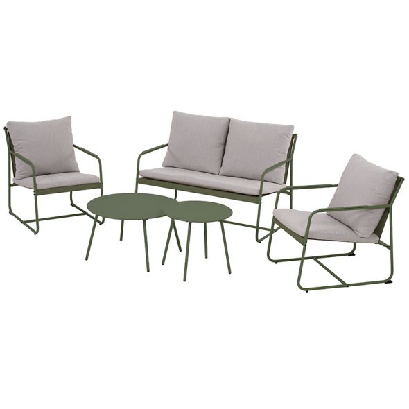 Salon de jardin PANTONE 4 places en acier kaki et coussins girs clair