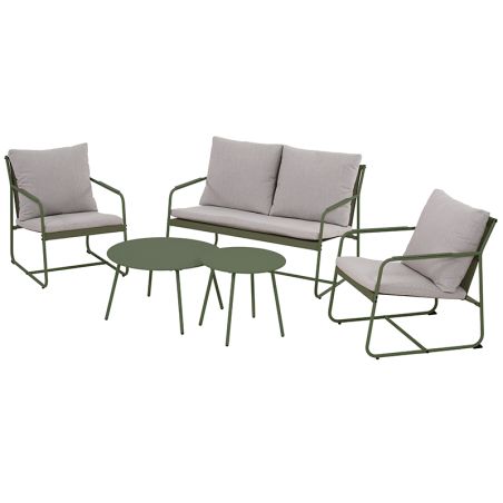Salon de jardin PANTONE 4 places en acier kaki et coussins girs clair