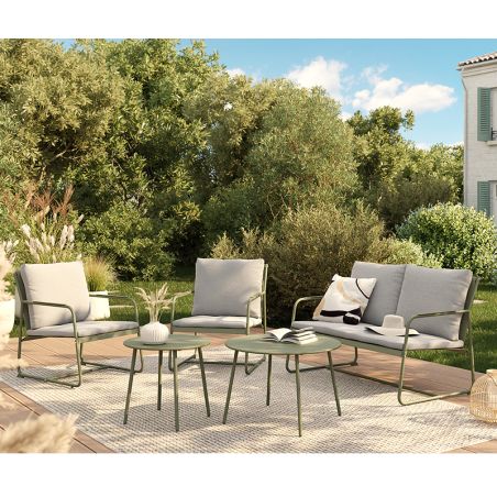 Salon de jardin PANTONE 4 places en acier kaki et coussins girs clair