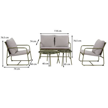 Salon de jardin PANTONE 4 places en acier kaki et coussins girs clair