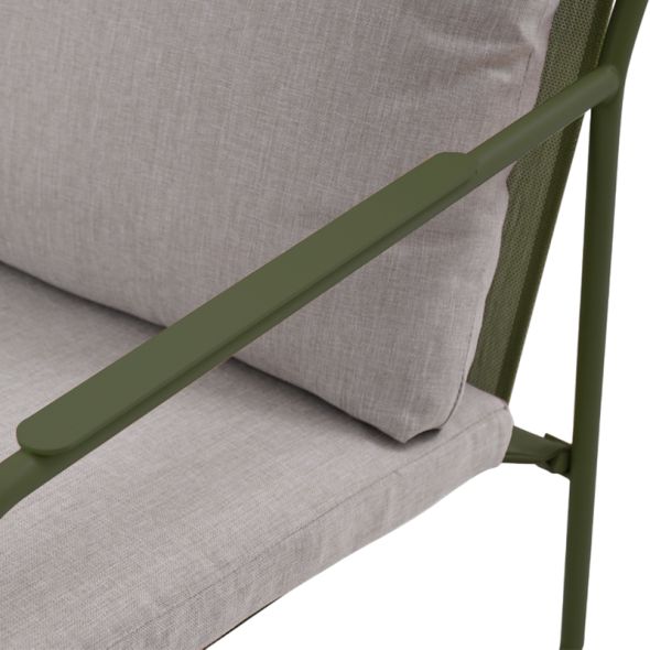 Salon de jardin PANTONE 4 places en acier kaki et coussins girs clair