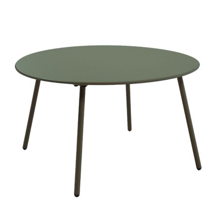 Salon de jardin PANTONE 4 places en acier kaki et coussins girs clair