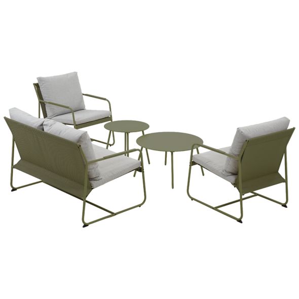 Salon de jardin PANTONE 4 places en acier kaki et coussins girs clair