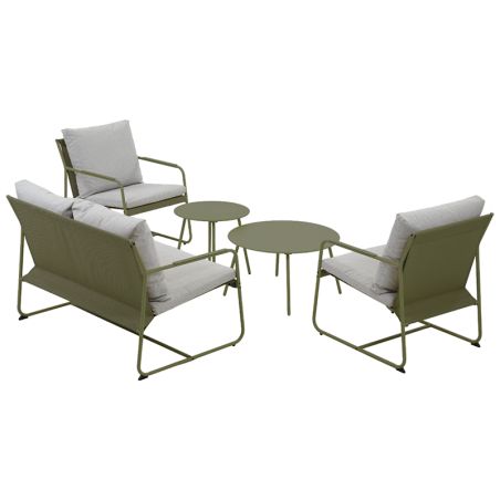 Salon de jardin PANTONE 4 places en acier kaki et coussins girs clair