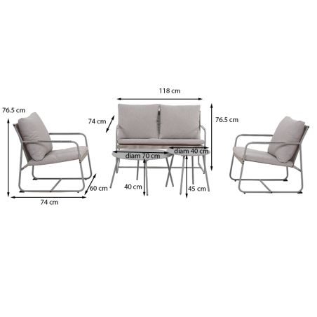 Salon de jardin PANTONE 4 places en acier gris et coussins girs clair