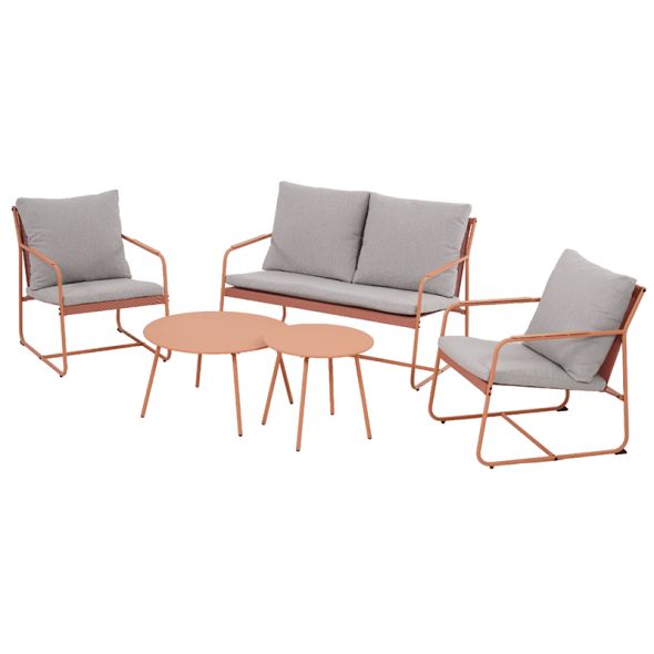 Salon de jardin PANTONE 4 places en acier corail et coussins girs clair