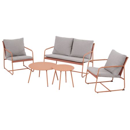 Salon de jardin PANTONE 4 places en acier corail et coussins girs clair