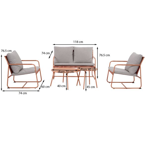 Salon de jardin PANTONE 4 places en acier corail et coussins girs clair