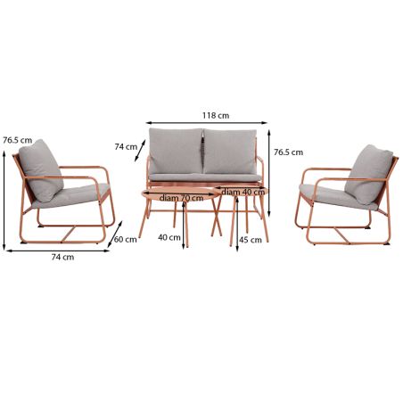 Salon de jardin PANTONE 4 places en acier corail et coussins girs clair