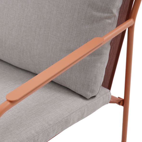 Salon de jardin PANTONE 4 places en acier corail et coussins girs clair