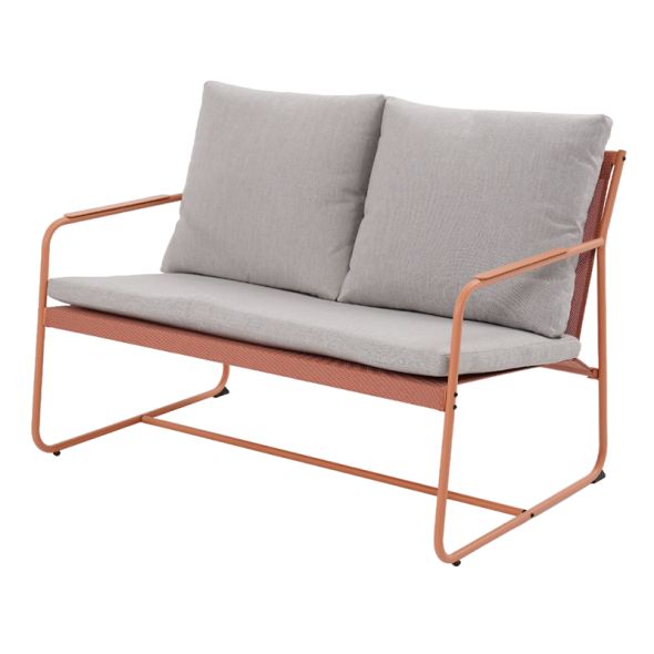 Salon de jardin PANTONE 4 places en acier corail et coussins girs clair