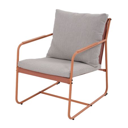 Salon de jardin PANTONE 4 places en acier corail et coussins girs clair