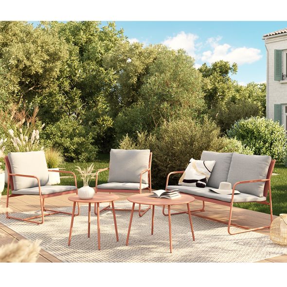 Salon de jardin PANTONE 4 places en acier corail et coussins girs clair
