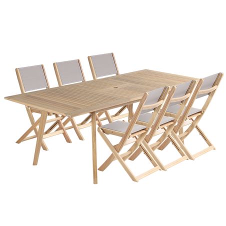 Ensemble table et chaises MOLA 6 places extensible 160/220 cm en bois d'acacia FSC blanchi et textilène