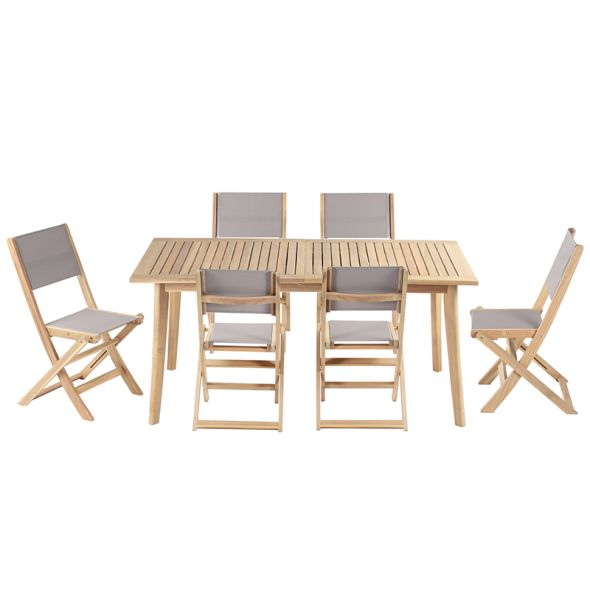 Ensemble table et chaises MOLA 6 places extensible 160/220 cm en bois d'acacia FSC blanchi et textilène