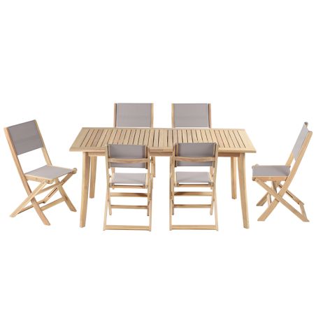 Ensemble table et chaises MOLA 6 places extensible 160/220 cm en bois d'acacia FSC blanchi et textilène