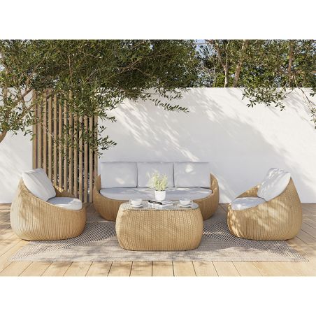 Salon de jardin HORWARD 5 places en résine tressée coloris beige