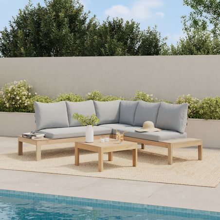 Salon de jardin AUGUSTA 5 places en bois d'acacia blanchi FSC coussins gris chiné
