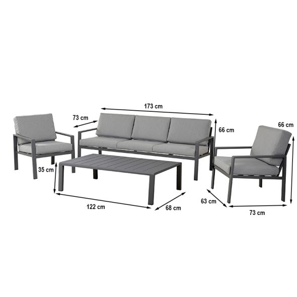 Salon de jardin DINA 5 places aluminium gris foncé et coussins gris clair