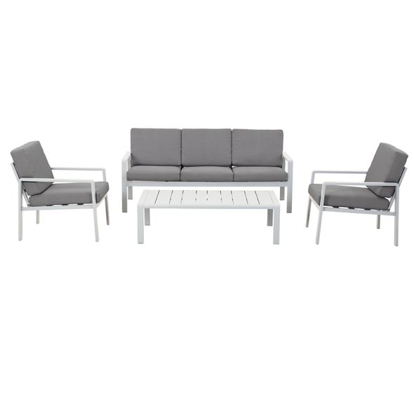 Salon de jardin DINA 5 places aluminium blanc et coussins gris clair