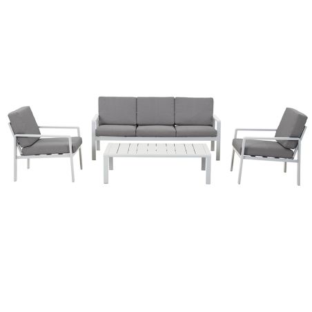 Salon de jardin DINA 5 places aluminium blanc et coussins gris clair
