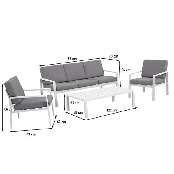 Salon de jardin DINA 5 places aluminium blanc et coussins gris clair