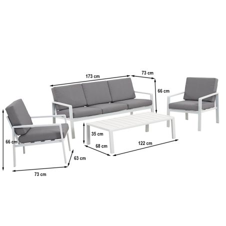 Salon de jardin DINA 5 places aluminium blanc et coussins gris clair