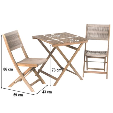 Ensemble repas AMILA 2 places en bois d'acacia blanchi 100% FSC et corde beige