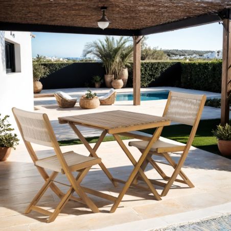 Ensemble repas BARI pliable 2 personnes bois et polyester écru