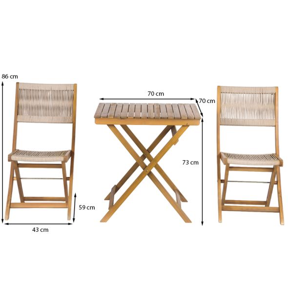 Ensemble repas BARI pliable 2 personnes bois et polyester écru